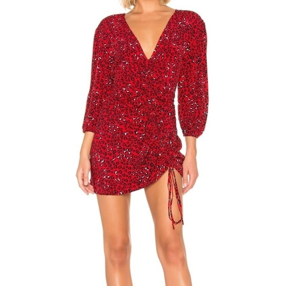 LOVERS + FRIENDS Hayden Red‎ Mini Dress Sz XL Sahara Cheetah Bloused Sleeves Y2K
